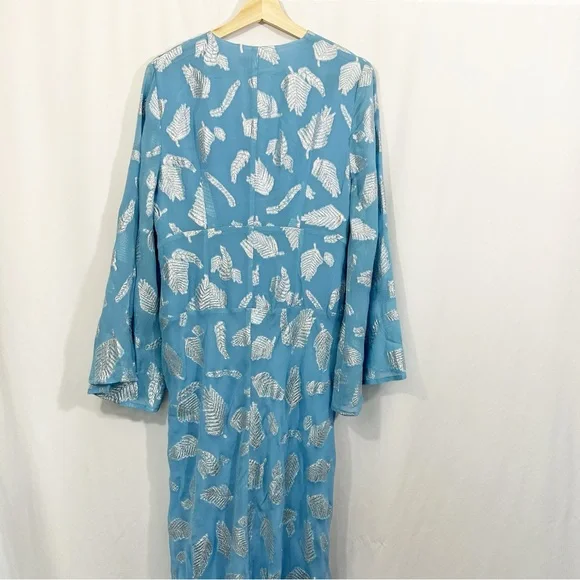 RIXO London Indra Long Bell Sleeve Metallic Print Midi Maxi Dress in Blue - Picture 9 of 14